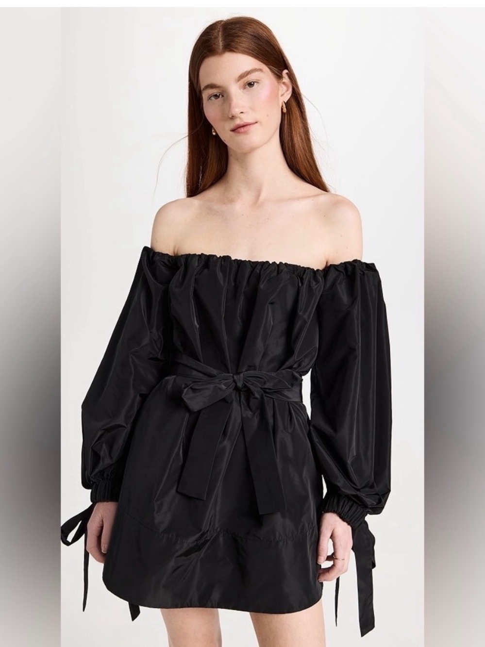 STAUD Mini Colby Dress Off-the-Shoulder Black Tie-Waist